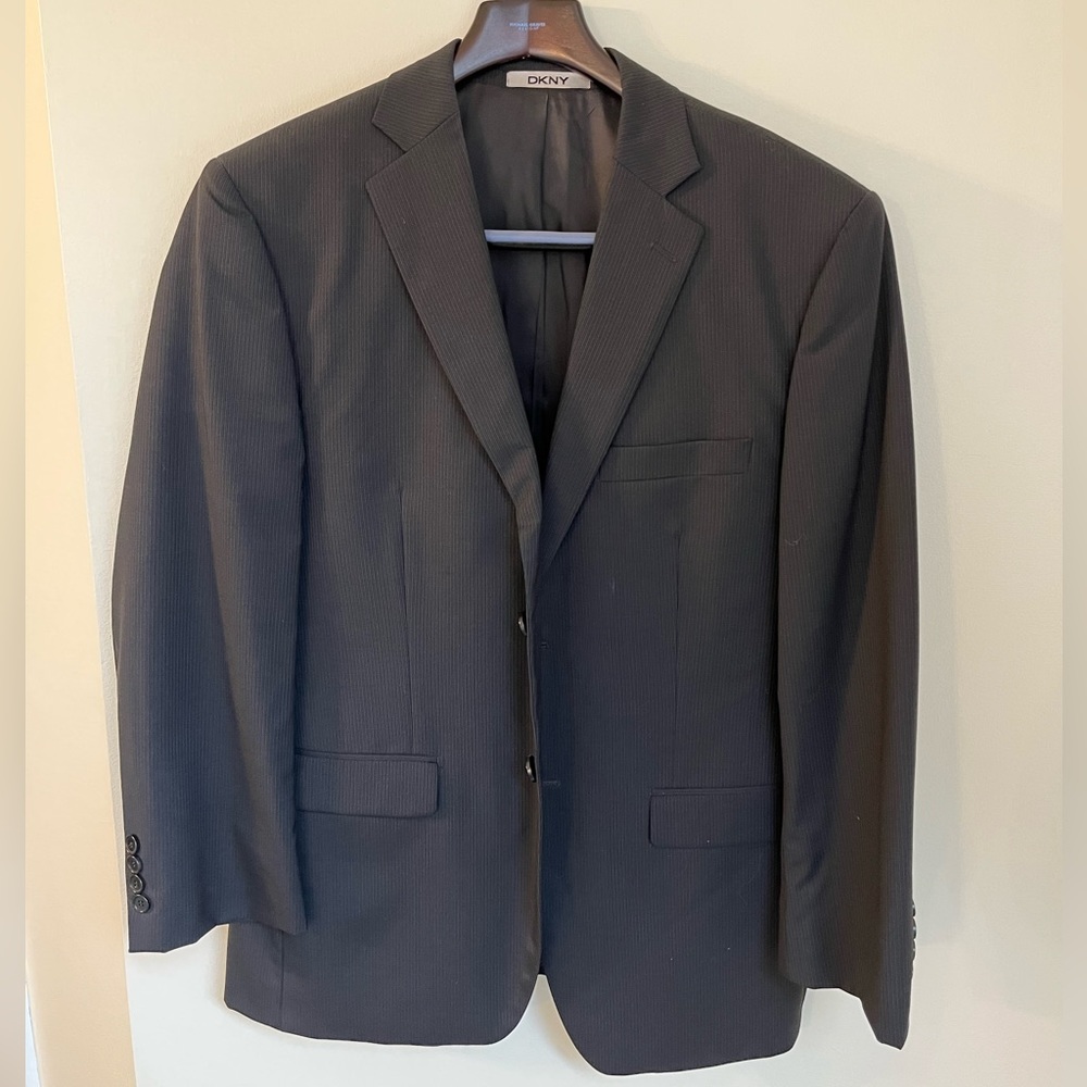DKNY suit. black pinstripes. 40S. pants: 33W 28”L